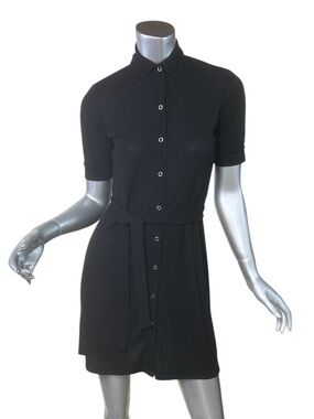 Vintage La Belle Black Button Front Belted Collar Knit Shirt Dress XS SMALL